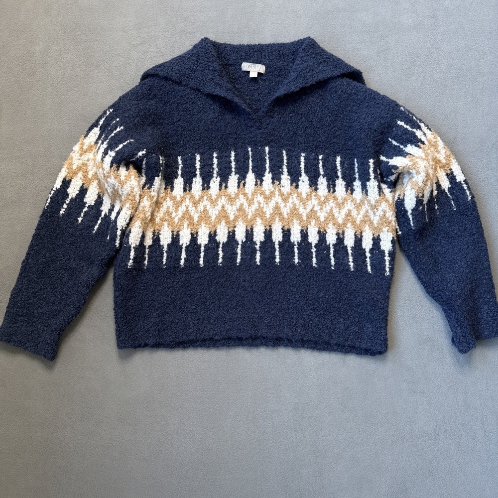 JCrew Sweater‎ Womens Small Navy Fair Isle Johnny Collar Boucle Yarn Alpaca Wool